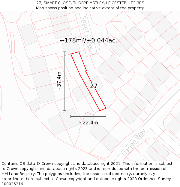 27, SMART CLOSE, THORPE ASTLEY, LEICESTER, LE3 3RS: Plot and title map