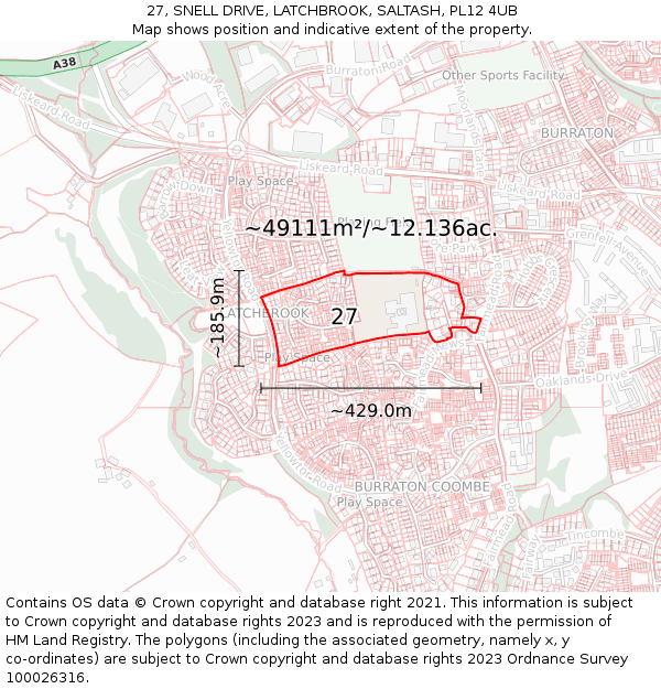 27, SNELL DRIVE, LATCHBROOK, SALTASH, PL12 4UB: Plot and title map