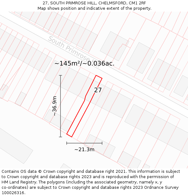 27, SOUTH PRIMROSE HILL, CHELMSFORD, CM1 2RF: Plot and title map
