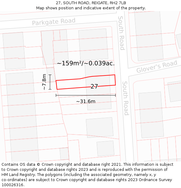 27, SOUTH ROAD, REIGATE, RH2 7LB: Plot and title map