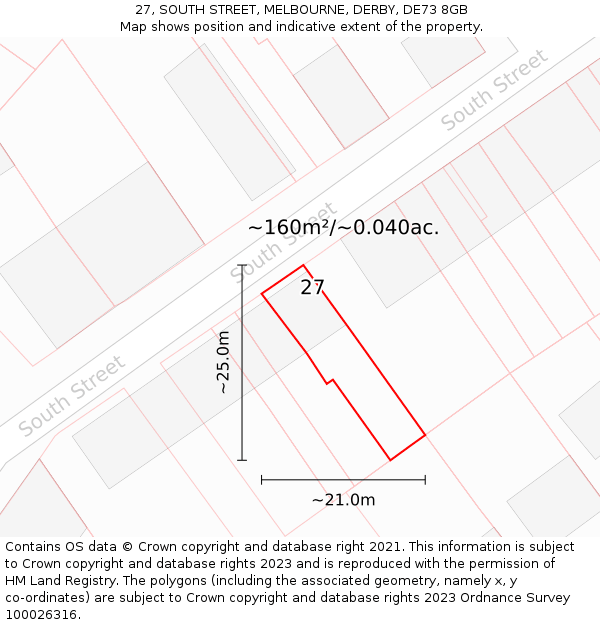 27, SOUTH STREET, MELBOURNE, DERBY, DE73 8GB: Plot and title map