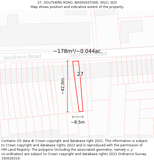 27, SOUTHERN ROAD, BASINGSTOKE, RG21 3DX: Plot and title map