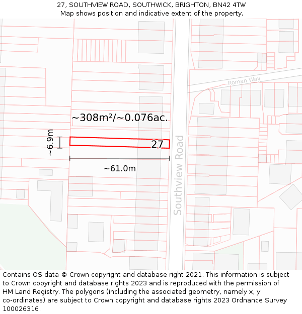 27, SOUTHVIEW ROAD, SOUTHWICK, BRIGHTON, BN42 4TW: Plot and title map