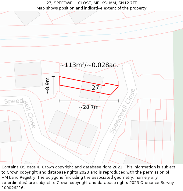 27, SPEEDWELL CLOSE, MELKSHAM, SN12 7TE: Plot and title map