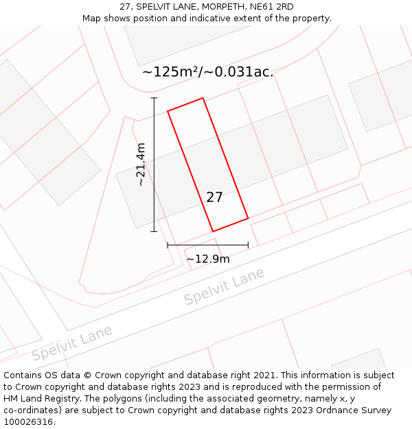 27, SPELVIT LANE, MORPETH, NE61 2RD: Plot and title map
