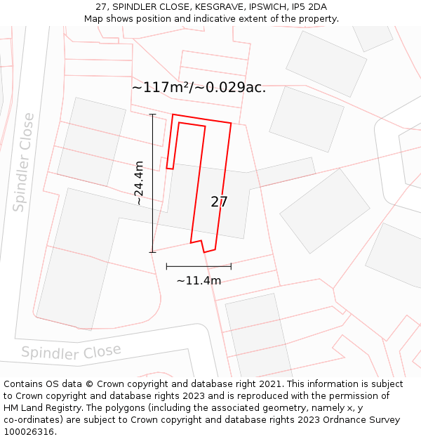 27, SPINDLER CLOSE, KESGRAVE, IPSWICH, IP5 2DA: Plot and title map