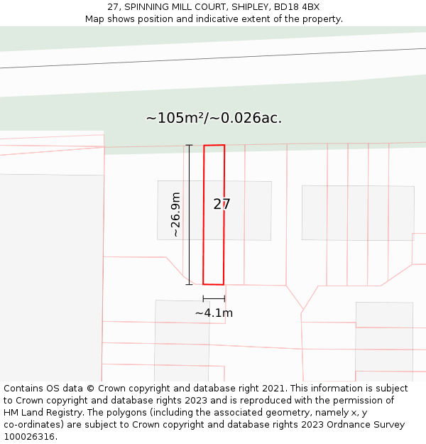 27, SPINNING MILL COURT, SHIPLEY, BD18 4BX: Plot and title map