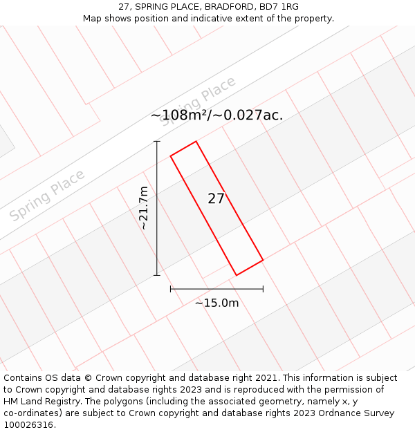27, SPRING PLACE, BRADFORD, BD7 1RG: Plot and title map