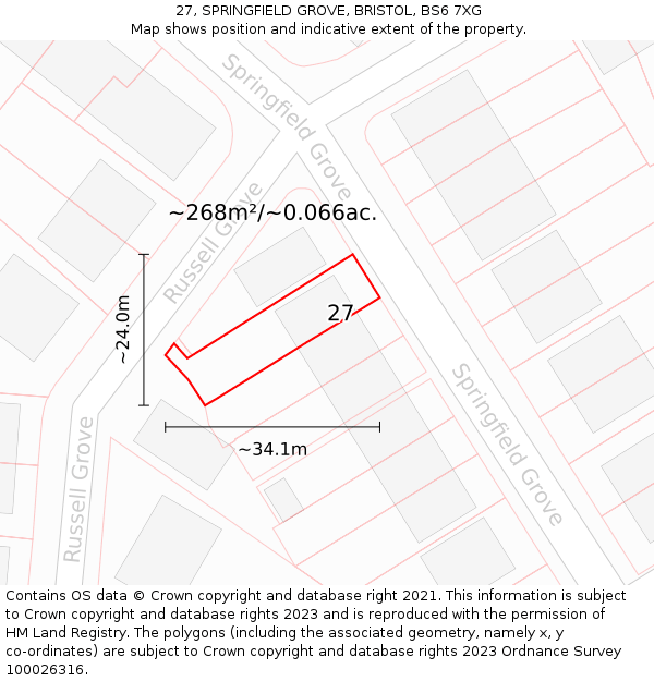 27, SPRINGFIELD GROVE, BRISTOL, BS6 7XG: Plot and title map