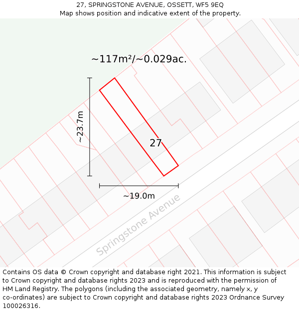 27, SPRINGSTONE AVENUE, OSSETT, WF5 9EQ: Plot and title map