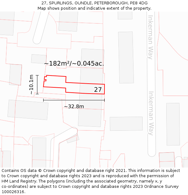 27, SPURLINGS, OUNDLE, PETERBOROUGH, PE8 4DG: Plot and title map