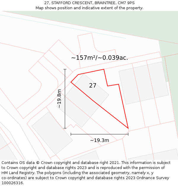 27, STAFFORD CRESCENT, BRAINTREE, CM7 9PS: Plot and title map