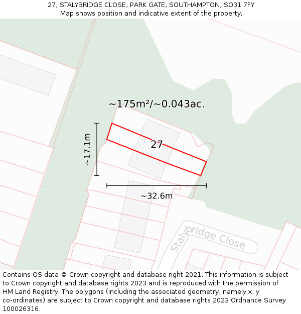 27, STALYBRIDGE CLOSE, PARK GATE, SOUTHAMPTON, SO31 7FY: Plot and title map