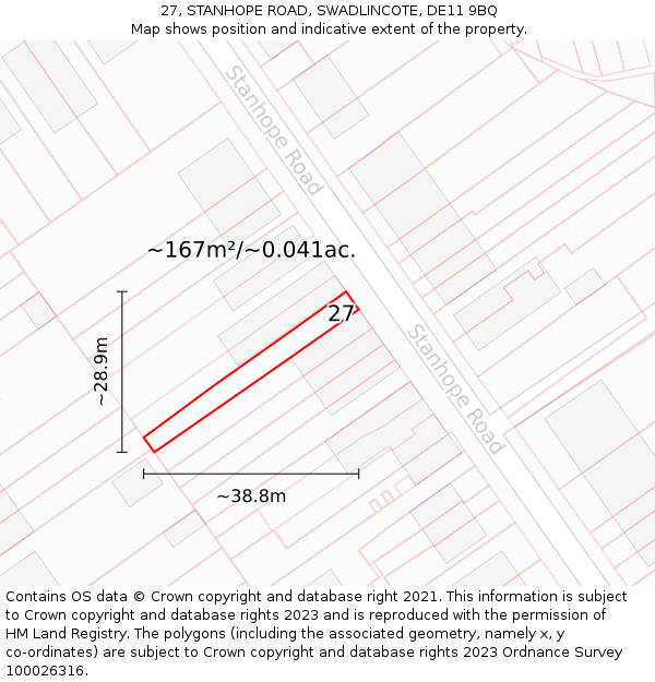 27, STANHOPE ROAD, SWADLINCOTE, DE11 9BQ: Plot and title map