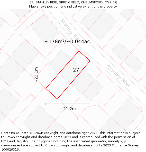 27, STANLEY RISE, SPRINGFIELD, CHELMSFORD, CM2 6PJ: Plot and title map