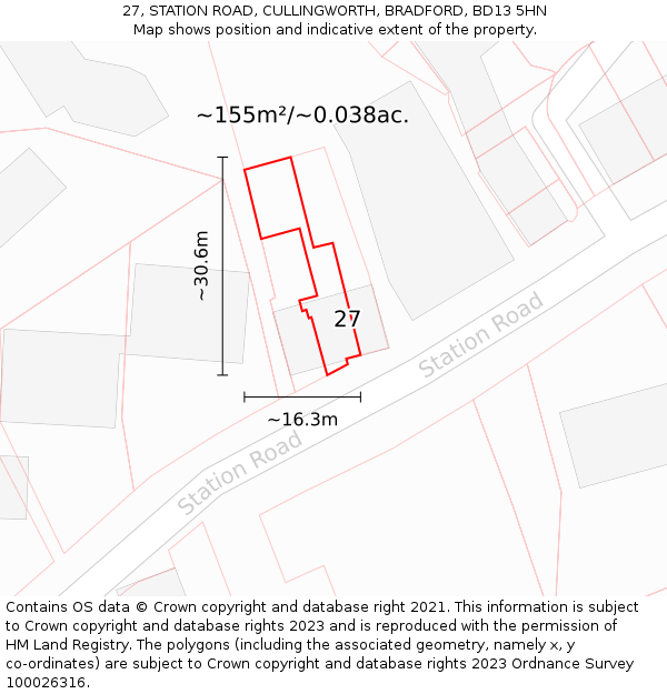27, STATION ROAD, CULLINGWORTH, BRADFORD, BD13 5HN: Plot and title map