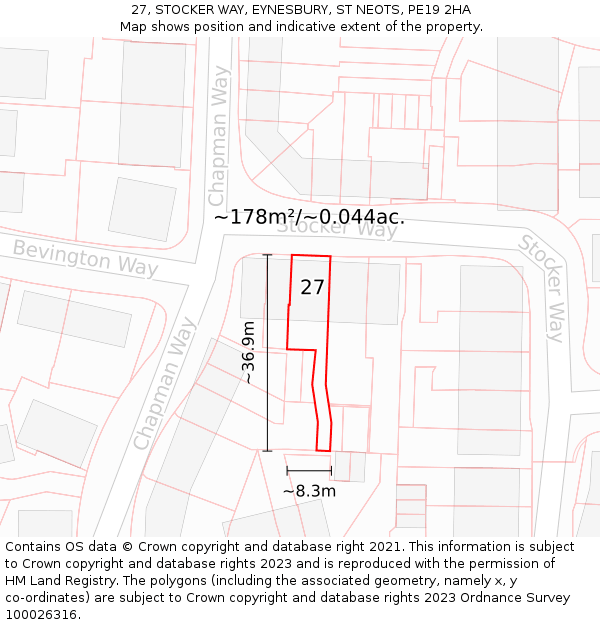 27, STOCKER WAY, EYNESBURY, ST NEOTS, PE19 2HA: Plot and title map