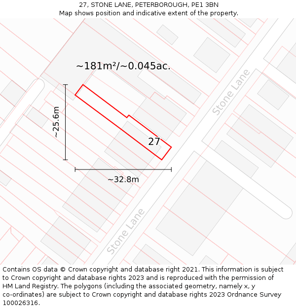 27, STONE LANE, PETERBOROUGH, PE1 3BN: Plot and title map