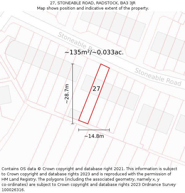 27, STONEABLE ROAD, RADSTOCK, BA3 3JR: Plot and title map