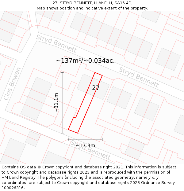 27, STRYD BENNETT, LLANELLI, SA15 4DJ: Plot and title map