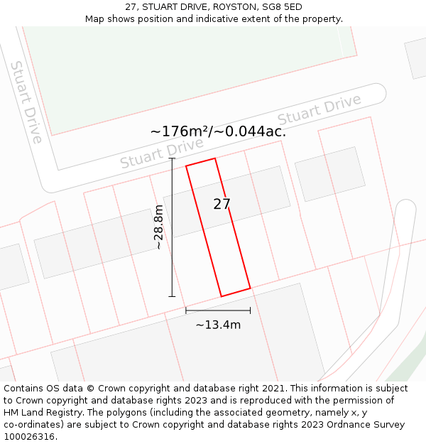 27, STUART DRIVE, ROYSTON, SG8 5ED: Plot and title map