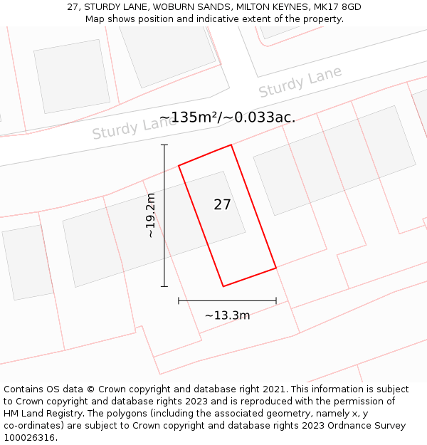 27, STURDY LANE, WOBURN SANDS, MILTON KEYNES, MK17 8GD: Plot and title map