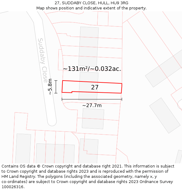 27, SUDDABY CLOSE, HULL, HU9 3RG: Plot and title map