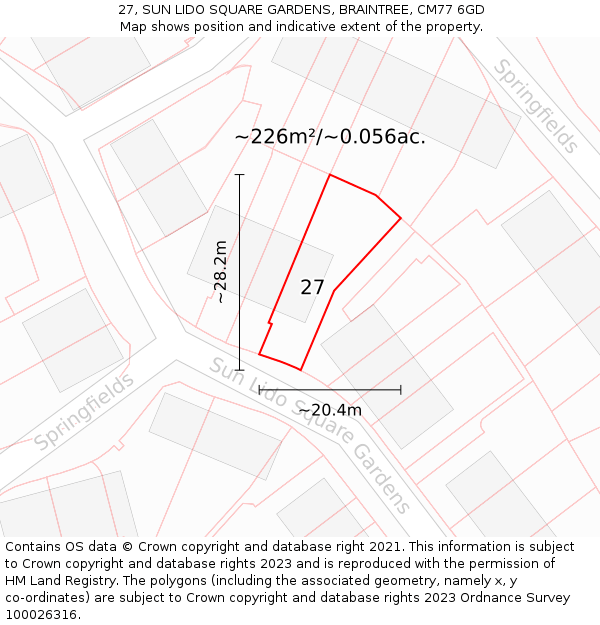 27, SUN LIDO SQUARE GARDENS, BRAINTREE, CM77 6GD: Plot and title map