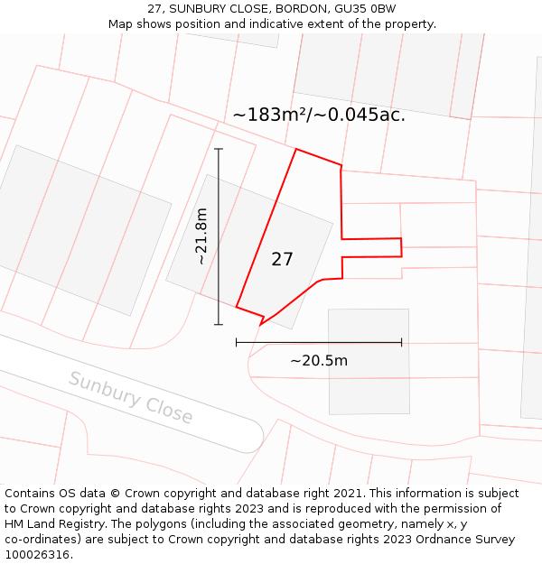 27, SUNBURY CLOSE, BORDON, GU35 0BW: Plot and title map