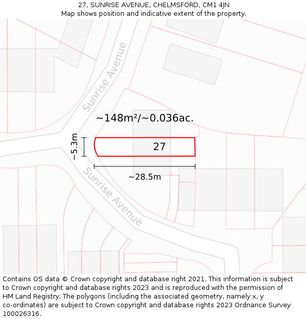 27, SUNRISE AVENUE, CHELMSFORD, CM1 4JN: Plot and title map