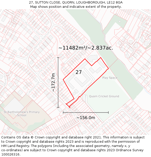 27, SUTTON CLOSE, QUORN, LOUGHBOROUGH, LE12 8GA: Plot and title map