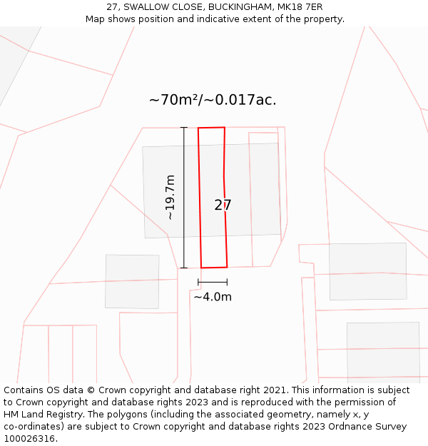 27, SWALLOW CLOSE, BUCKINGHAM, MK18 7ER: Plot and title map