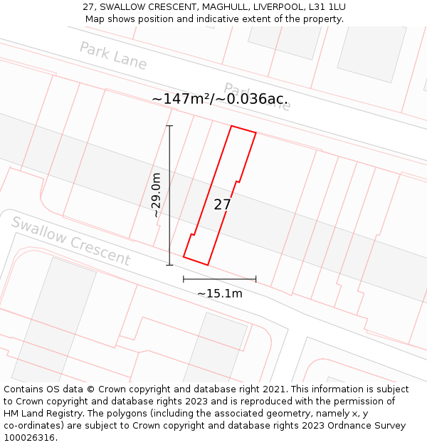 27, SWALLOW CRESCENT, MAGHULL, LIVERPOOL, L31 1LU: Plot and title map