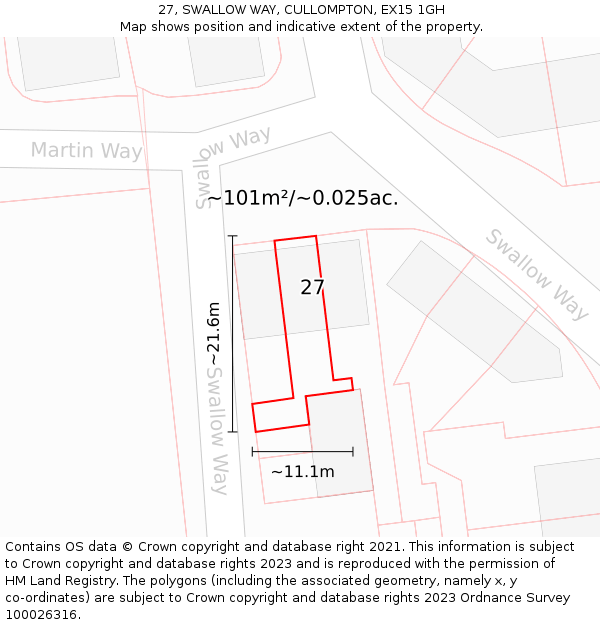 27, SWALLOW WAY, CULLOMPTON, EX15 1GH: Plot and title map