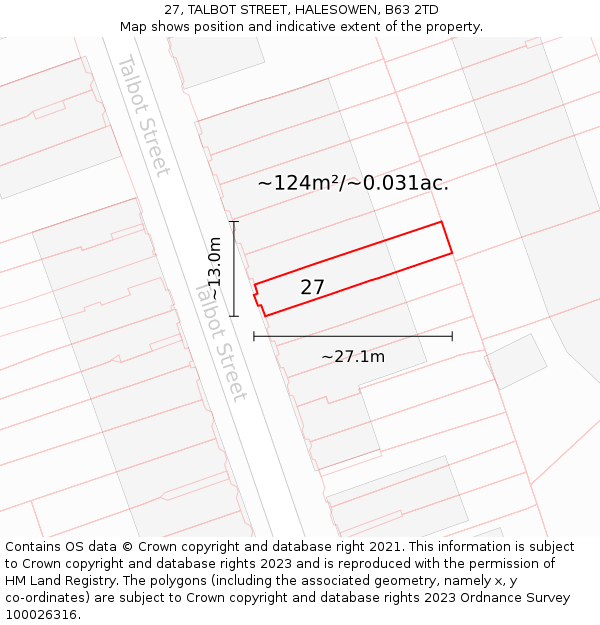 27, TALBOT STREET, HALESOWEN, B63 2TD: Plot and title map