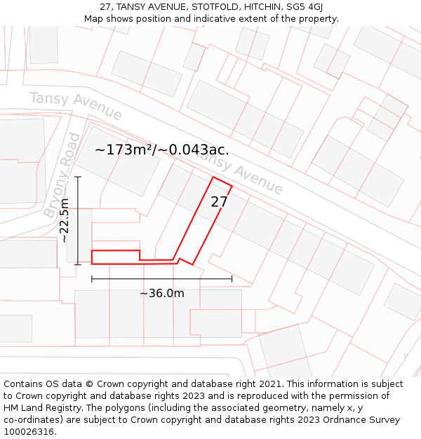 27, TANSY AVENUE, STOTFOLD, HITCHIN, SG5 4GJ: Plot and title map