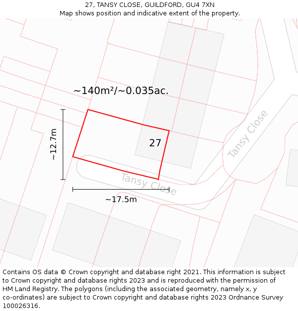 27, TANSY CLOSE, GUILDFORD, GU4 7XN: Plot and title map
