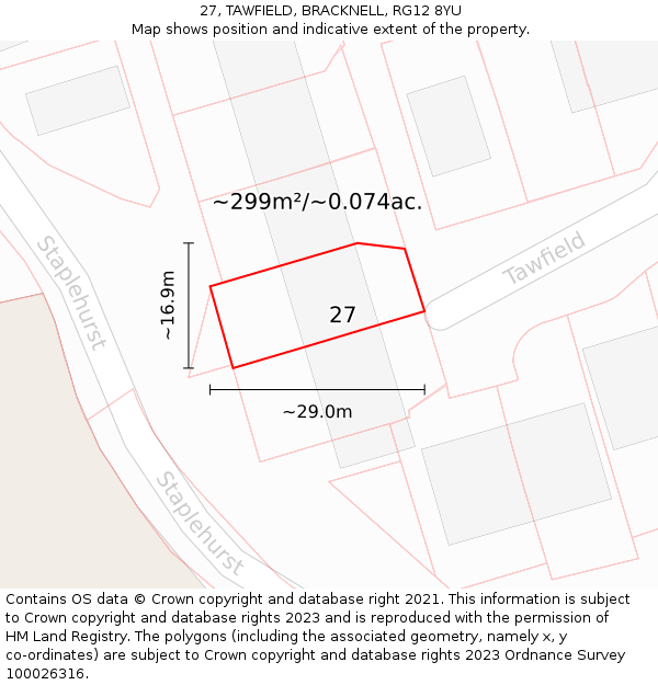 27, TAWFIELD, BRACKNELL, RG12 8YU: Plot and title map