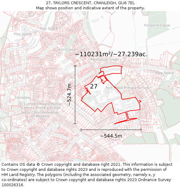 27, TAYLORS CRESCENT, CRANLEIGH, GU6 7EL: Plot and title map