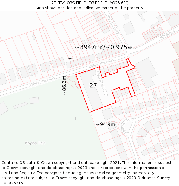 27, TAYLORS FIELD, DRIFFIELD, YO25 6FQ: Plot and title map