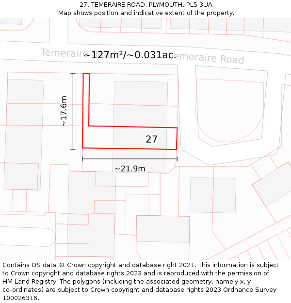 27, TEMERAIRE ROAD, PLYMOUTH, PL5 3UA: Plot and title map