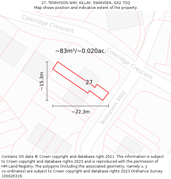 27, TENNYSON WAY, KILLAY, SWANSEA, SA2 7DQ: Plot and title map
