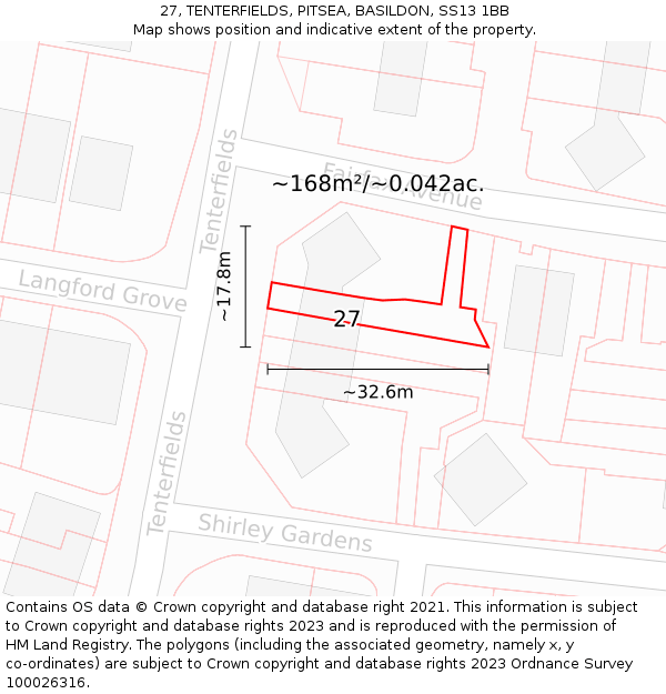 27, TENTERFIELDS, PITSEA, BASILDON, SS13 1BB: Plot and title map