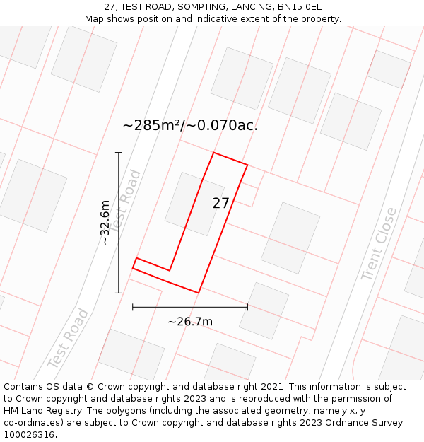 27, TEST ROAD, SOMPTING, LANCING, BN15 0EL: Plot and title map