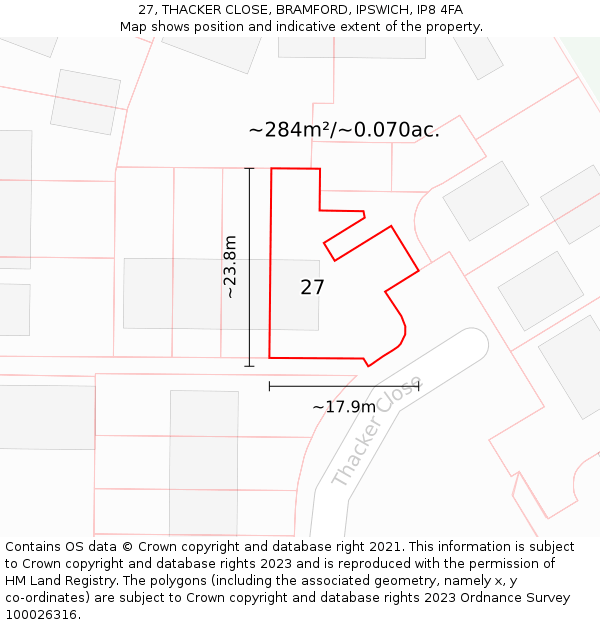 27, THACKER CLOSE, BRAMFORD, IPSWICH, IP8 4FA: Plot and title map