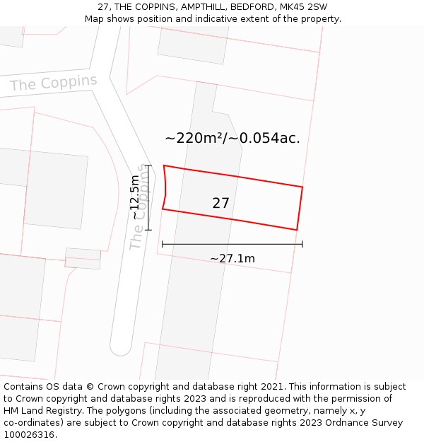 27, THE COPPINS, AMPTHILL, BEDFORD, MK45 2SW: Plot and title map