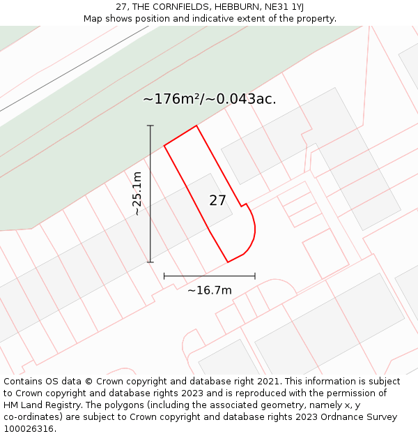 27, THE CORNFIELDS, HEBBURN, NE31 1YJ: Plot and title map