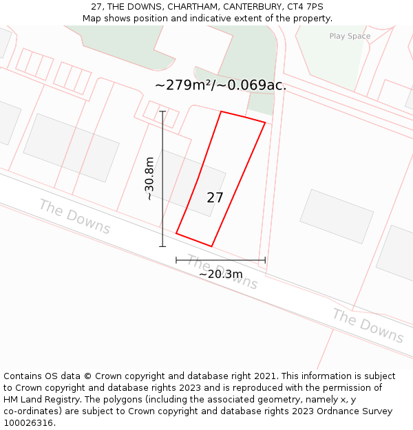 27, THE DOWNS, CHARTHAM, CANTERBURY, CT4 7PS: Plot and title map