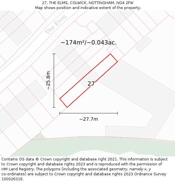 27, THE ELMS, COLWICK, NOTTINGHAM, NG4 2FW: Plot and title map