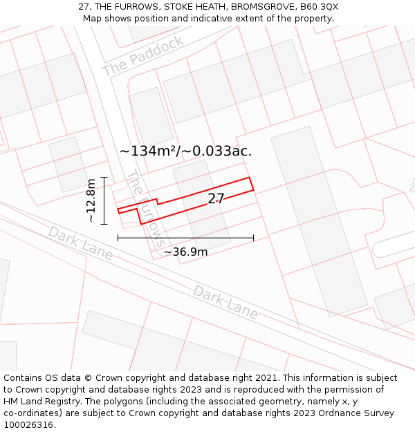 27, THE FURROWS, STOKE HEATH, BROMSGROVE, B60 3QX: Plot and title map